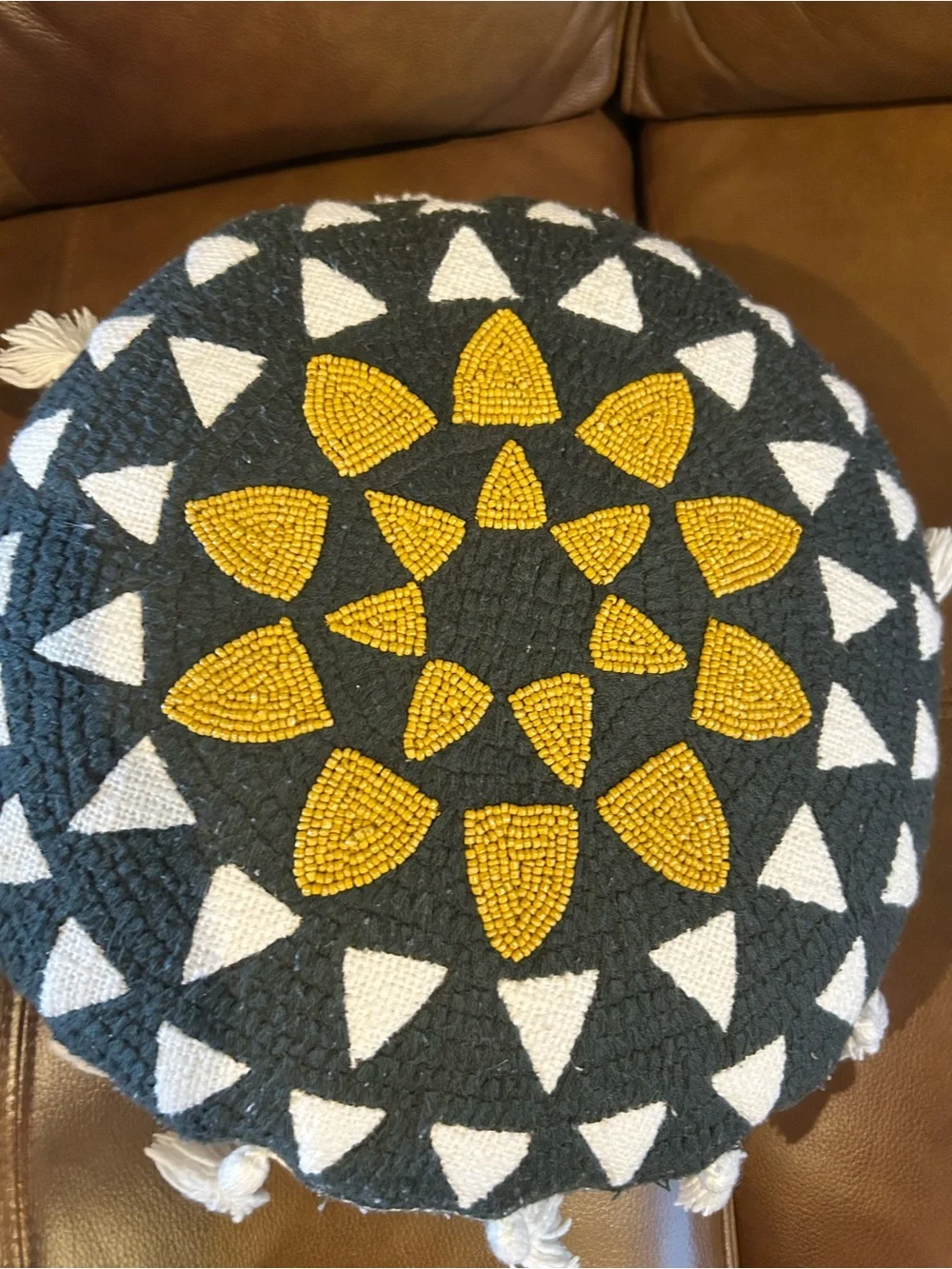 Two Round Decorative Pouf Cushion with Geometric Beadwork-Black, White & Mustard - Picture 3 of 8